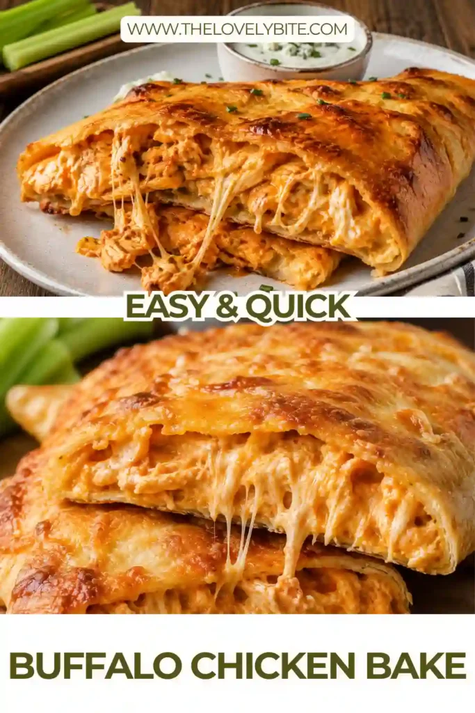 Homemade Buffalo Chicken Bake with a golden-brown crust and gooey cheddar and mozzarella cheese. The sliced chicken roll is paired with ranch dressing for dipping.