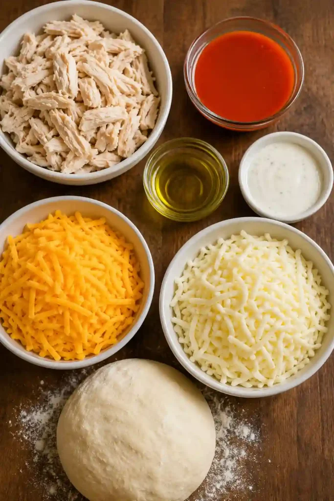 A golden Buffalo Chicken Bake sliced into thick pieces, showing shredded buffalo chicken, melted mozzarella, and cheddar inside soft pizza dough. The baked roll is served warm with creamy ranch dressing.