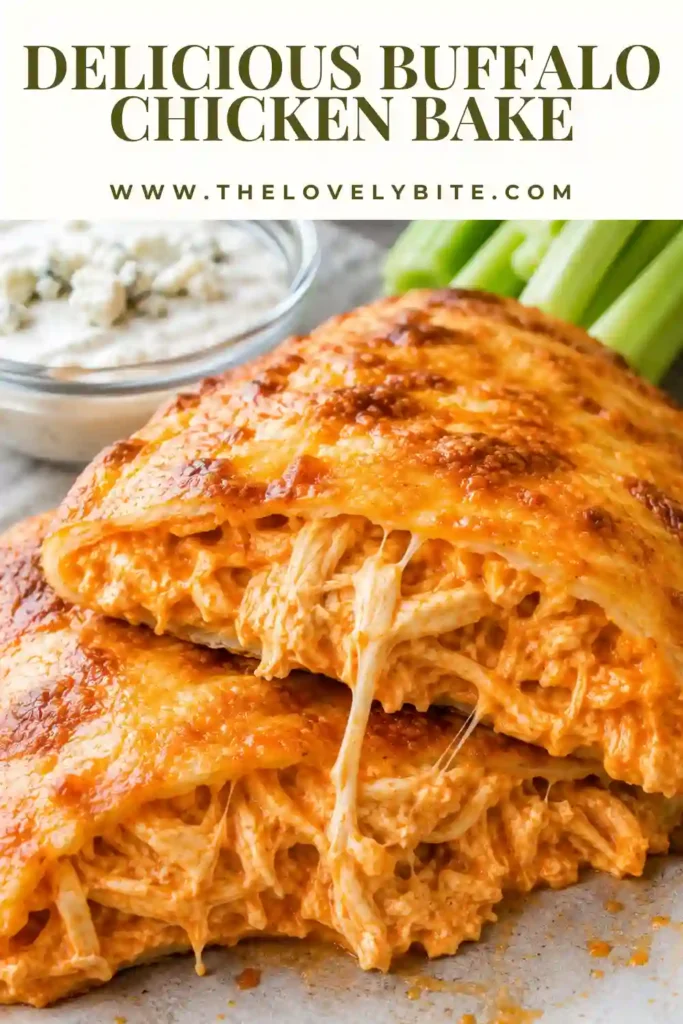 Sliced buffalo chicken roll filled with saucy chicken, mozzarella, and cheddar cheese. The Buffalo Chicken Bake has a golden pizza-dough crust and is served with ranch.