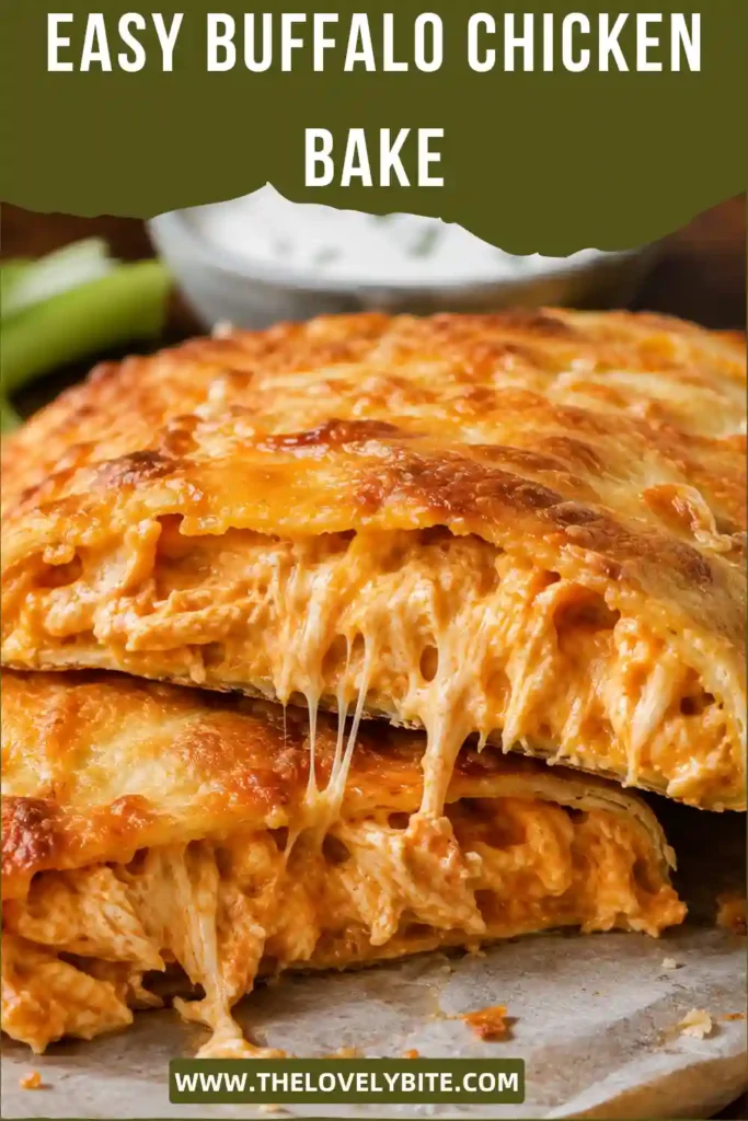 Close-up of Buffalo Chicken Bake slices filled with tender chicken, buffalo sauce, ranch, mozzarella, and cheddar. The pizza dough is baked until golden brown and crisp on the outside.