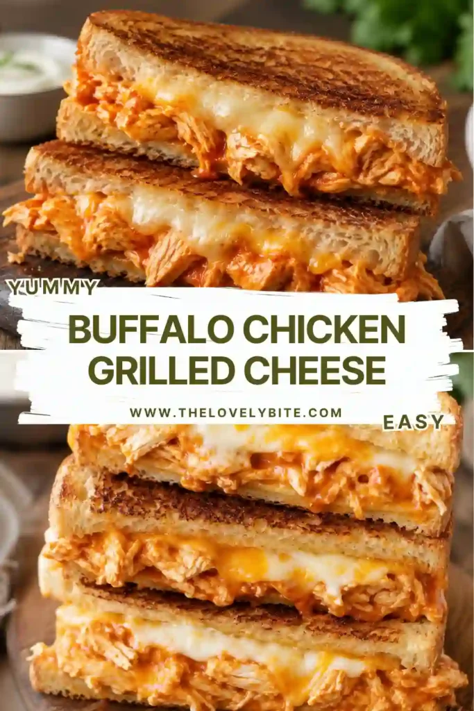 Buffalo Chicken Grilled Cheese cut in half with gooey melted cheese and spicy shredded chicken visible inside. The toasted sandwich has crisp golden-brown bread and a creamy buffalo filling.
