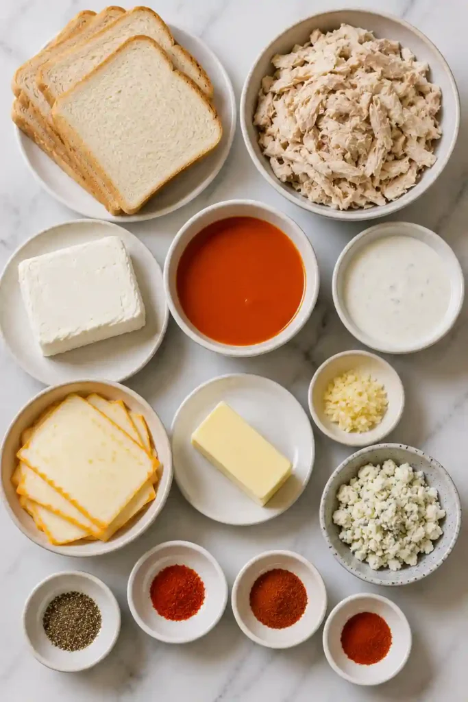 Homemade spicy chicken grilled cheese with buffalo sauce, ranch, Muenster and creamy cheese filling. The thick sandwich is toasted until golden and served warm.