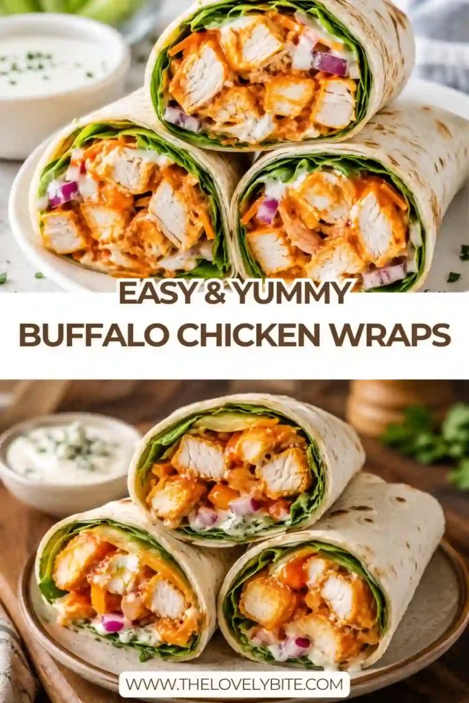 Close-up of Buffalo Chicken Wraps made with buffalo-seasoned chicken, ranch dressing, lettuce, carrots, red onion, and cheddar. The easy chicken wraps have a colorful, crunchy filling inside soft flour tortillas.