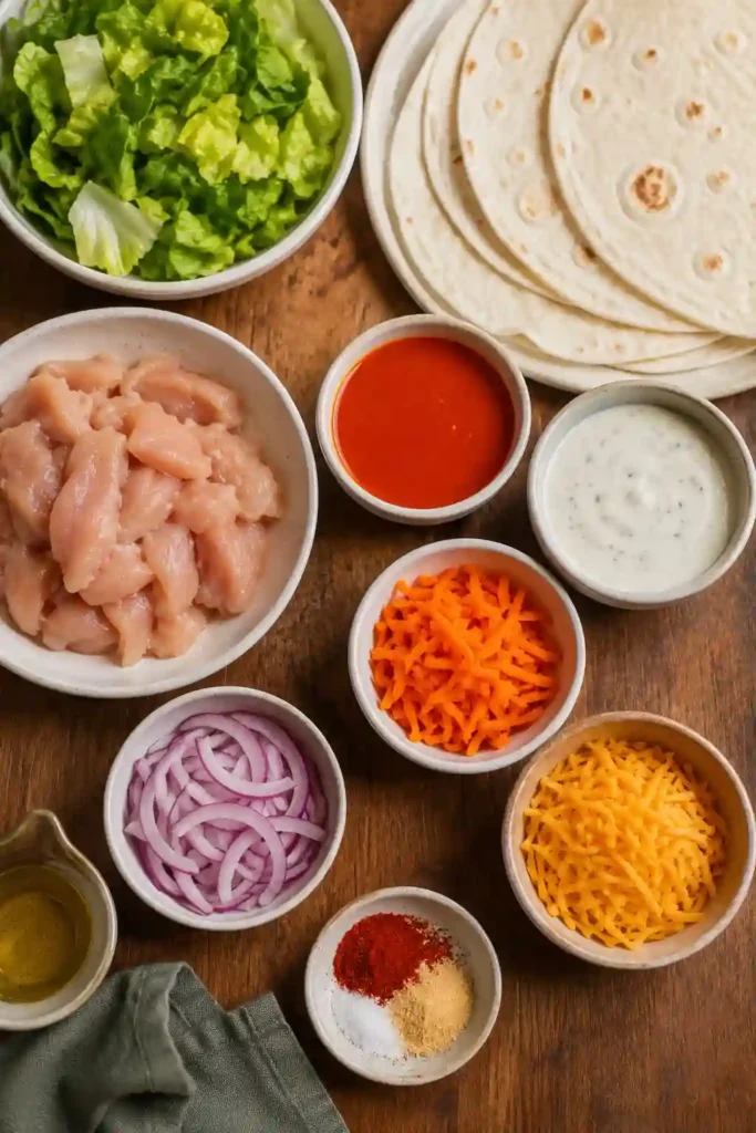 Buffalo Chicken Wraps filled with spicy buffalo chicken, crisp romaine lettuce, shredded carrots, red onion, cheddar cheese, and ranch dressing. The homemade chicken wraps are tightly rolled in soft flour tortillas and ready to serve.