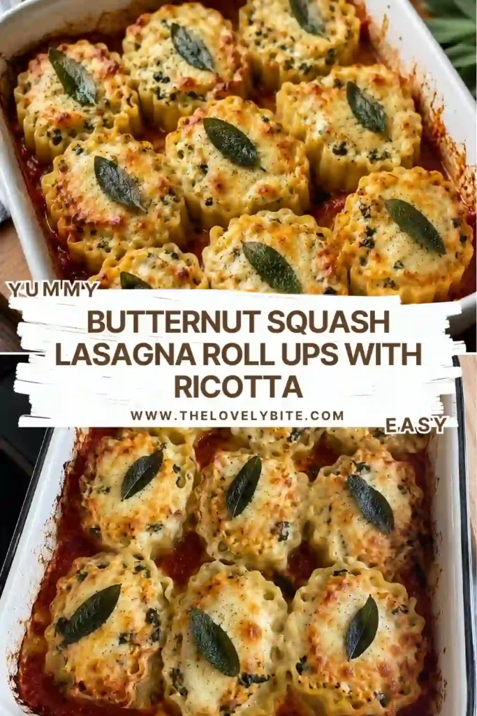 A serving of butternut squash lasagna roll-ups with ricotta, Parmesan, mozzarella, and fresh sage. The tender pasta rolls are coated in a creamy white béchamel sauce and baked until bubbling.