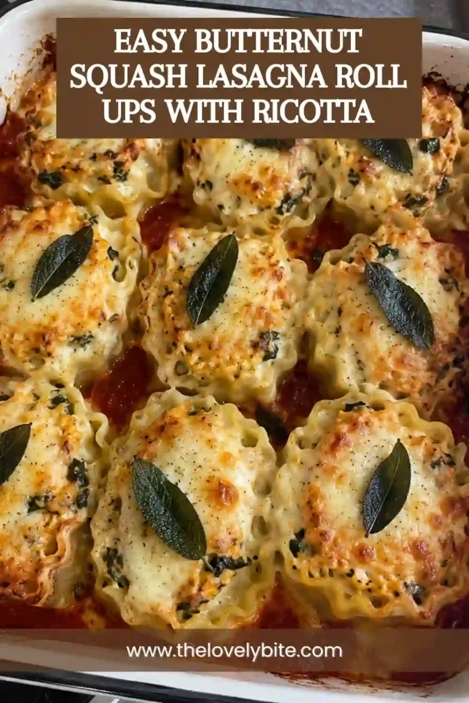 Homemade vegetarian lasagna roll-ups filled with butternut squash and ricotta and topped with mozzarella. Crispy sage leaves and Parmesan finish the creamy baked pasta.