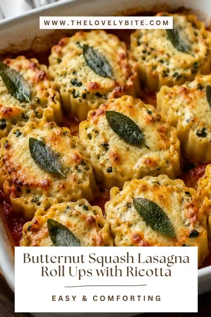 Close-up of creamy butternut squash lasagna roll-ups with ricotta and sage. Golden mozzarella, Parmesan, smooth béchamel, and tender pasta create a comforting Italian-inspired dinner.