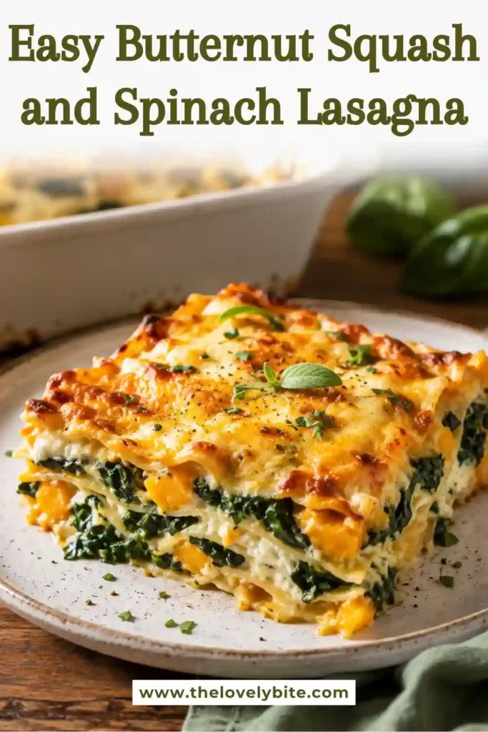 A baked Butternut Squash and Spinach Lasagna is shown sliced into generous layers with creamy squash, spinach, ricotta, and melted mozzarella. The golden cheese topping gives the vegetarian lasagna an inviting homemade appearance.
