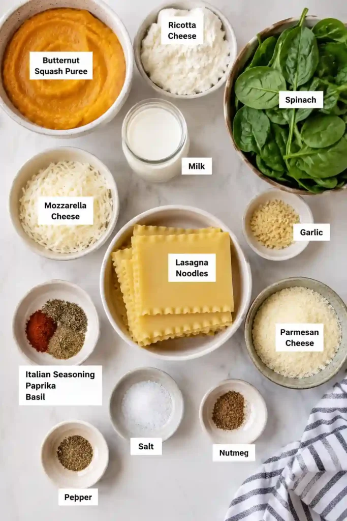A close-up of Butternut Squash and Spinach Lasagna highlights its creamy vegetable layers, melted mozzarella, and Parmesan topping. The colorful vegetarian lasagna combines sweet squash with savory spinach and garlic.