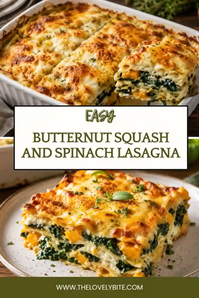 Butternut Squash and Spinach Lasagna is served warm with a golden cheese topping and visible vegetable-filled layers. The creamy squash and spinach ricotta filling creates a colorful vegetarian main dish.