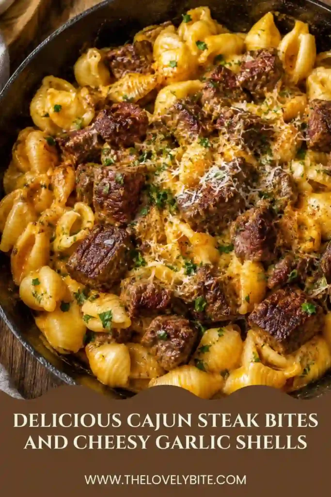 Close-up of Cajun Steak Bites and Cheesy Garlic Shells featuring tender sirloin, creamy pasta, melted cheese, and fresh herbs. A perfect comfort food dinner with bold Cajun seasoning.