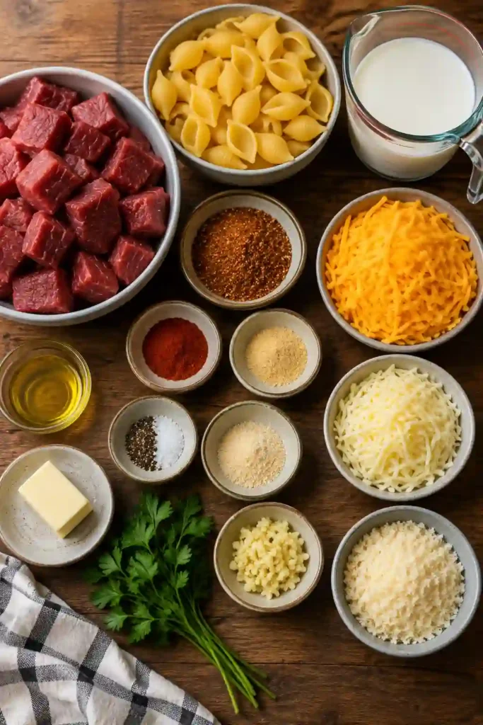 Homemade Cajun Steak Bites and Cheesy Garlic Shells garnished with fresh parsley in a rustic skillet. Rich cheese sauce coats every shell while seasoned steak adds bold flavor.