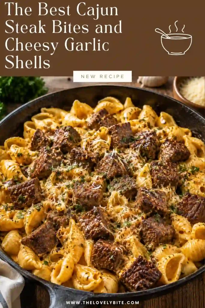 A skillet filled with Cajun Steak Bites and Cheesy Garlic Shells featuring tender seared sirloin, creamy garlic cheese sauce, and fresh parsley. This comforting one skillet dinner is rich, hearty, and full of bold Cajun flavor.