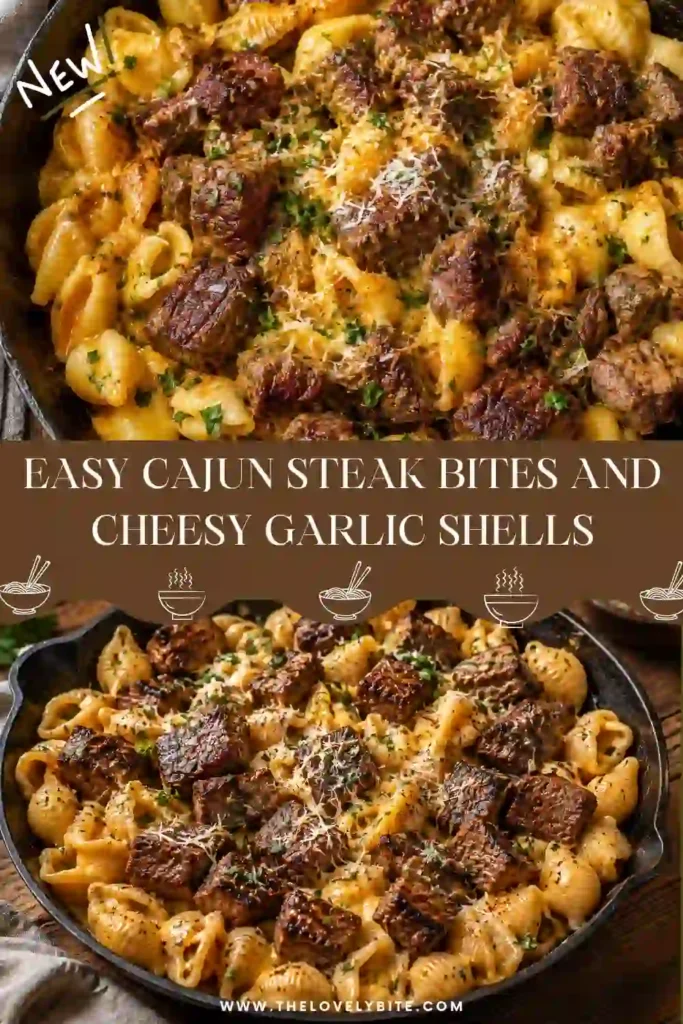 Juicy Cajun steak bites served alongside creamy cheesy garlic shells in a cast-iron skillet. Every bite offers rich cheese, tender beef, and savory garlic flavor.