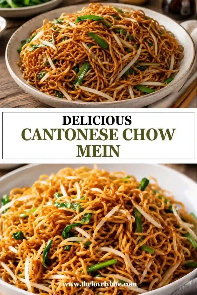 Hong Kong style Cantonese chow mein served with crispy pan-fried noodles, bean sprouts and sliced green onions. Dark soy sauce gives the noodles a rich golden-brown color.