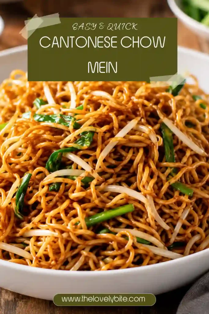 Cantonese Chow Mein with crispy golden egg noodles, fresh bean sprouts and green onions coated in savory stir-fry sauce. The noodles have lightly browned edges and a glossy finish.