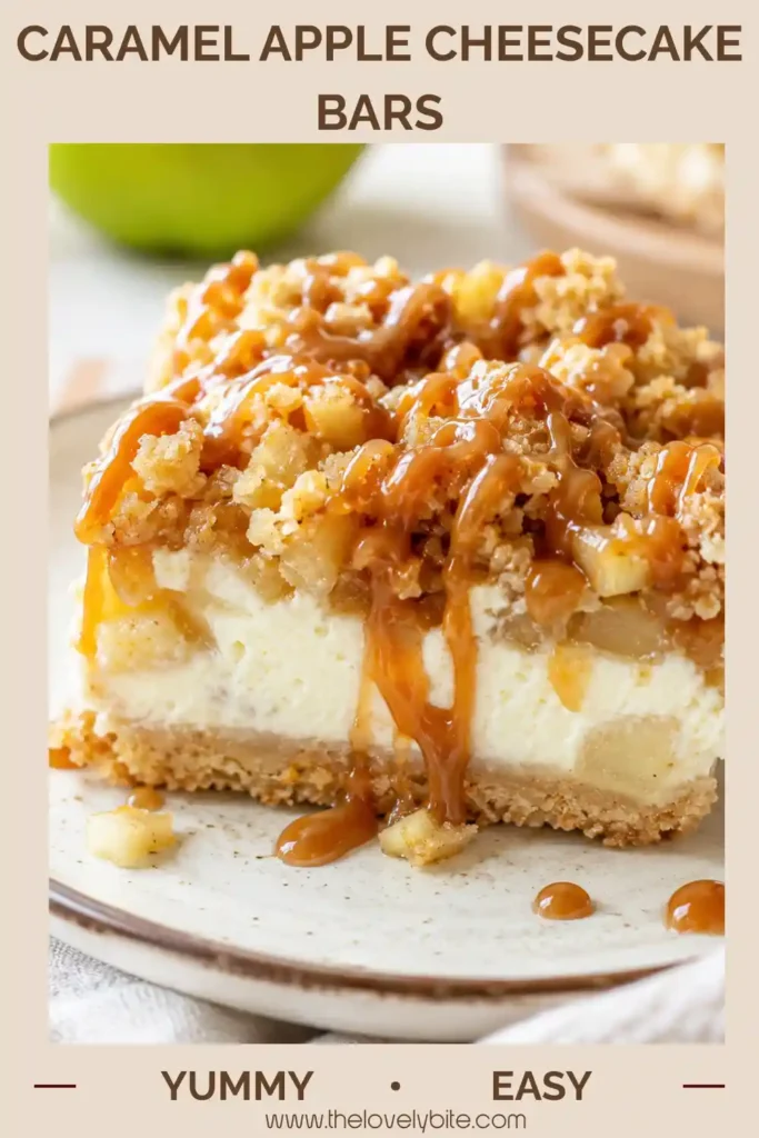 Close-up of creamy Caramel Apple Cheesecake Bars with chopped apples, cinnamon streusel topping, and caramel sauce. Perfect for holiday dessert tables.