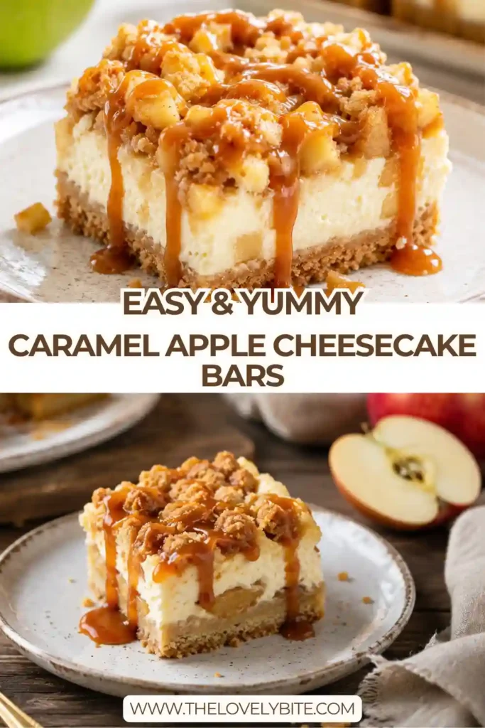 Freshly sliced Caramel Apple Cheesecake Bars topped with buttery streusel and caramel drizzle. Creamy cheesecake and cinnamon apples create the perfect fall dessert.