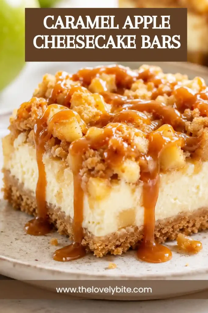 Homemade Caramel Apple Cheesecake Bars layered with buttery crust, smooth cheesecake filling, spiced apples, and golden oat streusel. A delicious apple dessert for any occasion.
