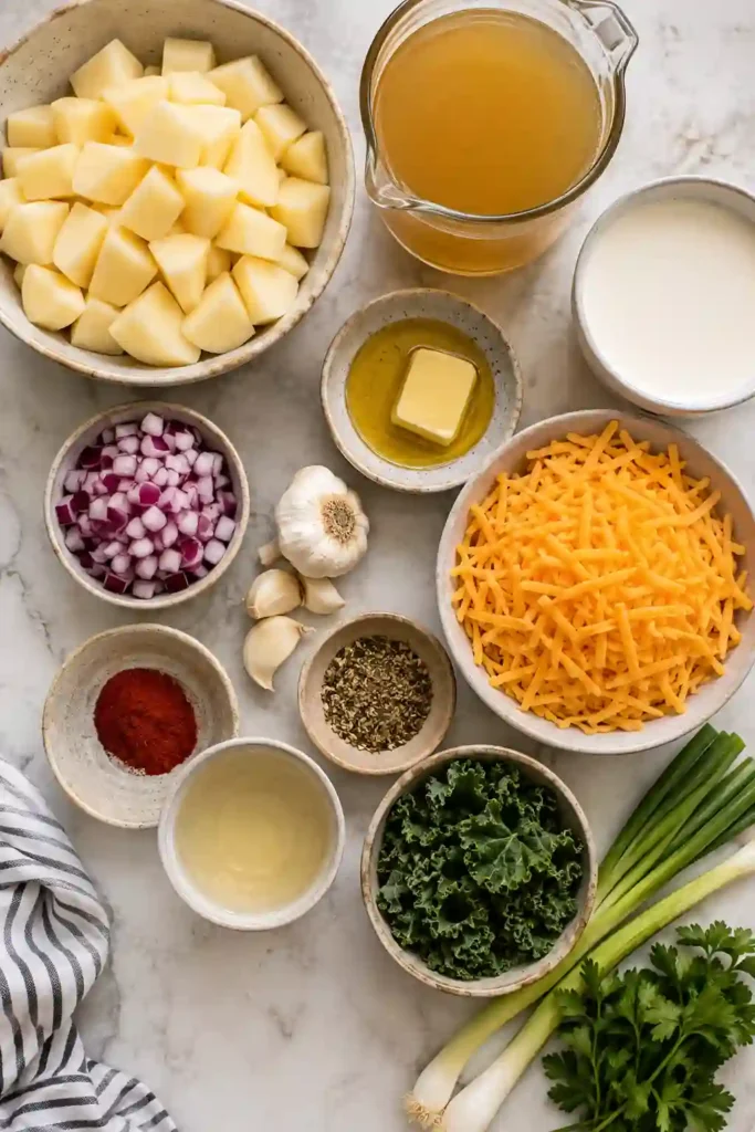 A bowl of Cheddar Garlic Herb Potato Soup filled with tender potatoes in a creamy cheddar broth. Fresh green onions and herbs garnish the golden soup for a cozy homemade presentation.
