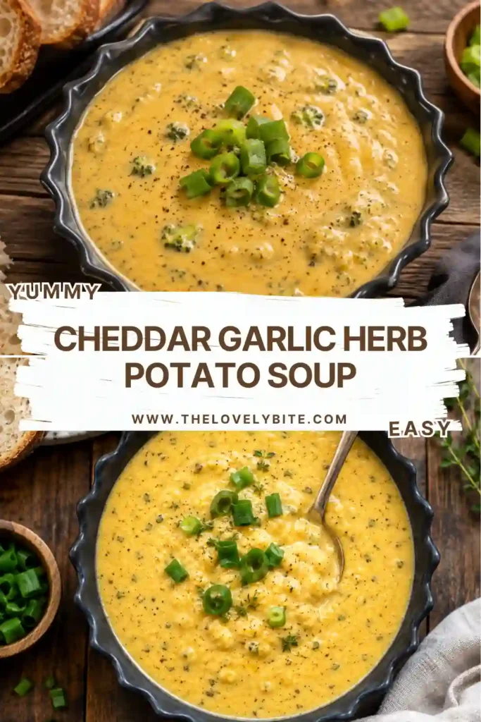 Cheddar Garlic Herb Potato Soup served in a bowl with visible chunks of tender russet potatoes and melted sharp cheddar. The creamy soup is garnished with fresh herbs and paired with crusty bread.