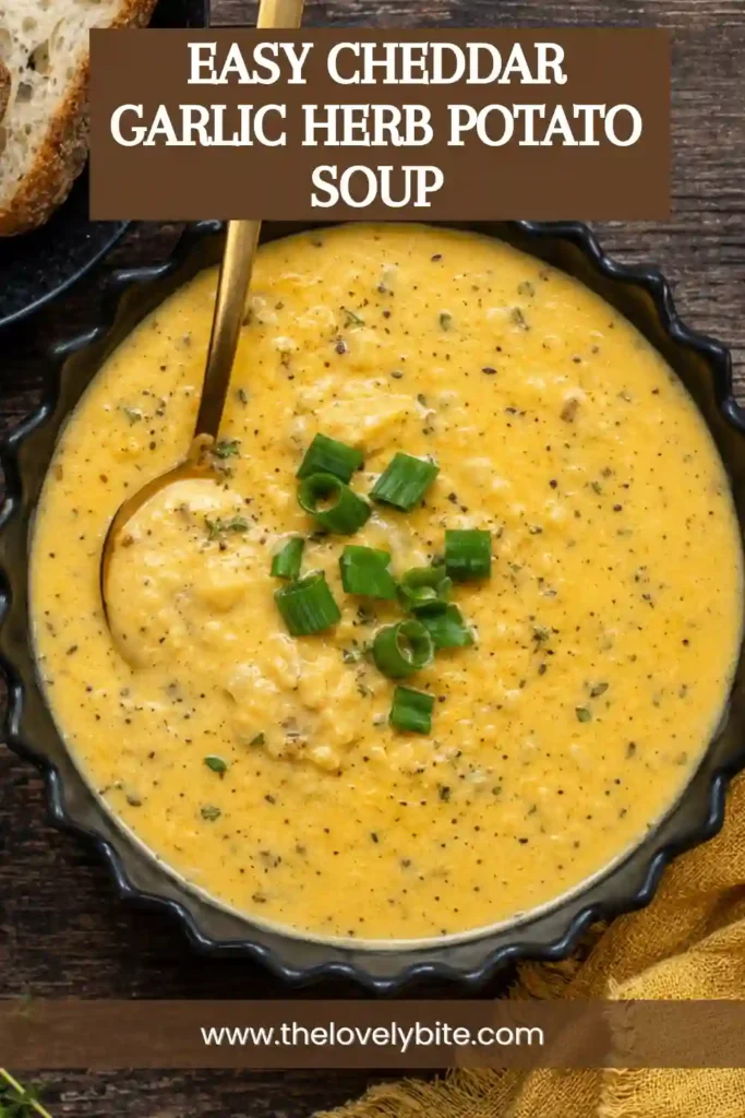 A close-up bowl of creamy potato soup with garlic, herbs, smoked paprika, and sharp cheddar. The rich soup has tender potatoes and a smooth, comforting texture.