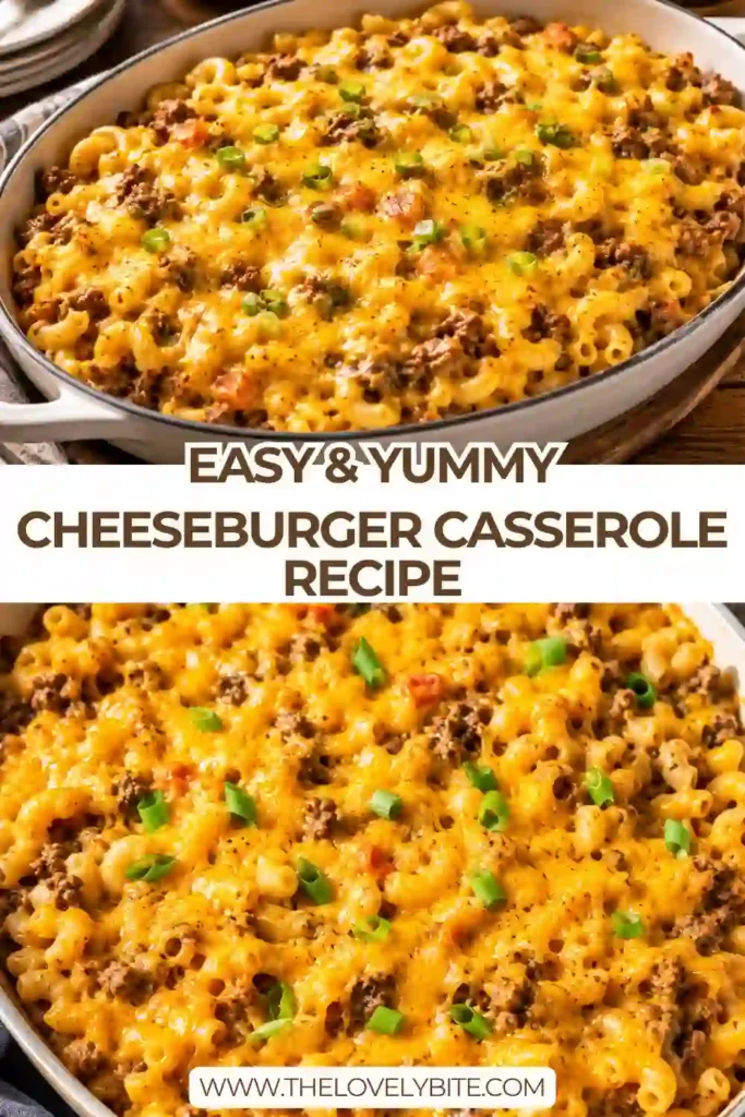 Golden brown cheesy hamburger pasta served warm in a casserole dish with perfectly seasoned ground beef and creamy cheddar cheese. An easy comfort food casserole for family dinners.