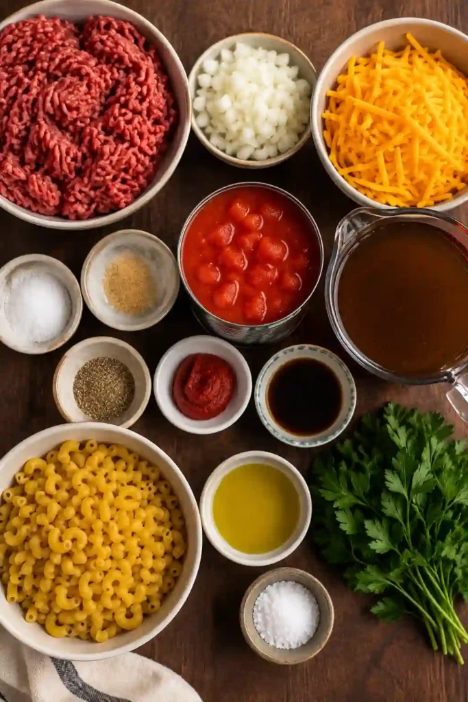 A freshly baked Cheeseburger Casserole Recipe topped with melted sharp cheddar cheese and fresh parsley. This hearty ground beef casserole features tender elbow macaroni in a rich tomato and cheese sauce.