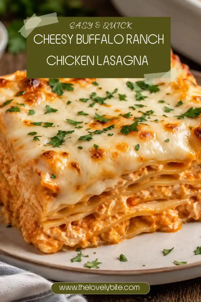 Creamy buffalo chicken lasagna topped with golden mozzarella, green onions, and a light ranch drizzle. Layers of chicken and cheesy buffalo ranch filling are visible inside.
