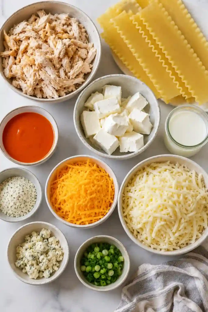 Cheesy chicken lasagna with buffalo ranch filling, tender noodles and golden melted mozzarella. Chopped green onions add fresh color to this comforting baked pasta dinner.