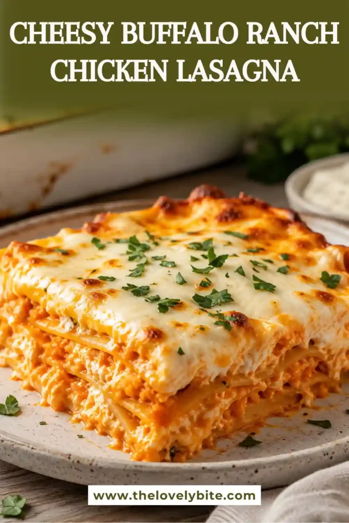 A warm slice of buffalo chicken lasagna layered with tender chicken, buffalo sauce, cream cheese and lasagna noodles. Gooey melted mozzarella and cheddar cover the top.