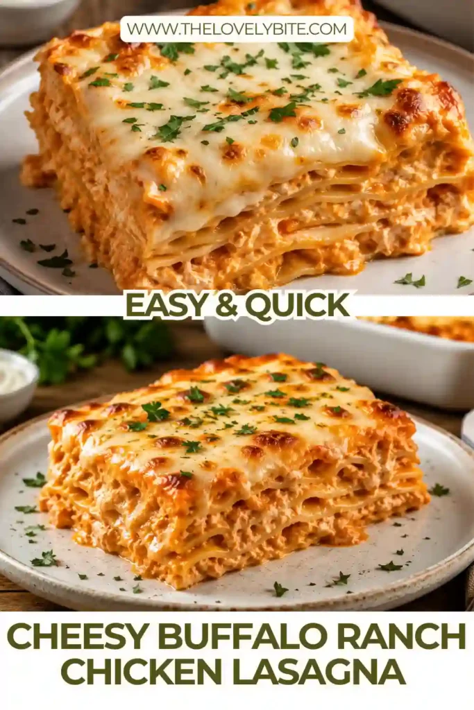 Buffalo chicken lasagna sliced to reveal layers of pasta, tender shredded chicken, creamy buffalo sauce, and melted cheese. Chopped green onions add a colorful finish.