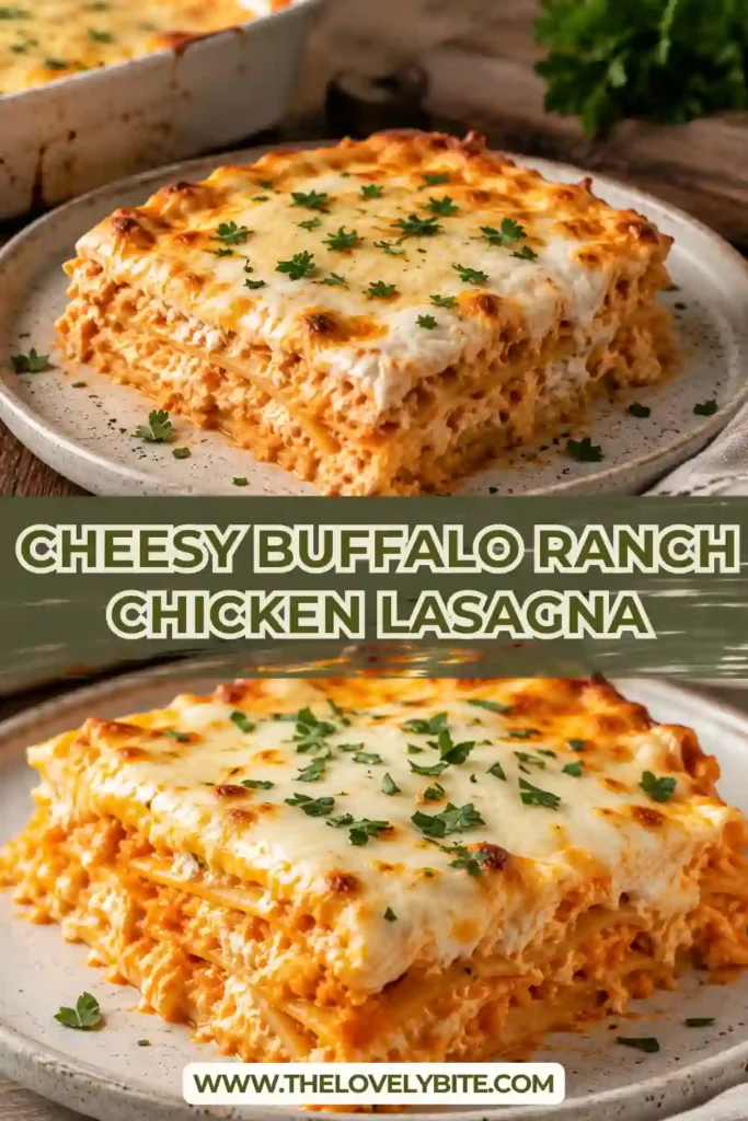 Cheesy Buffalo Ranch Chicken Lasagna with layers of pasta, shredded chicken and creamy buffalo ranch filling. Melted cheddar and mozzarella create a golden, bubbly cheese topping.