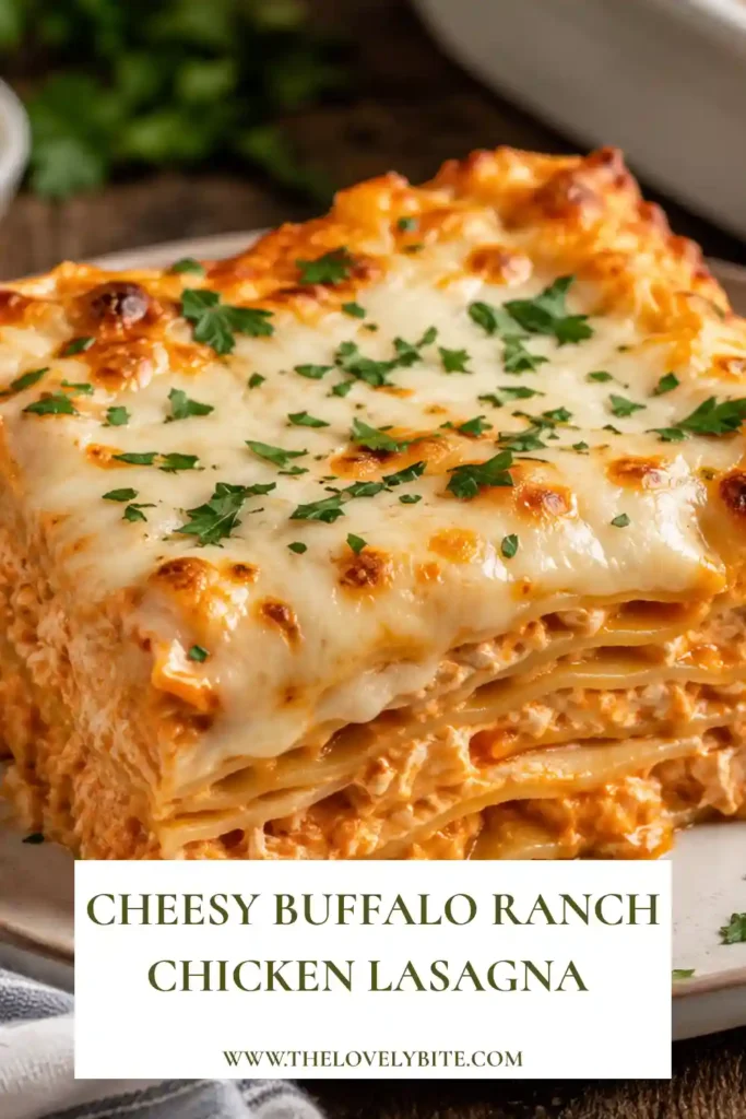 Cheesy Buffalo Ranch Chicken Lasagna layered with shredded chicken, creamy buffalo ranch sauce, cheddar, and melted mozzarella. The baked lasagna has a bubbling golden cheese topping.