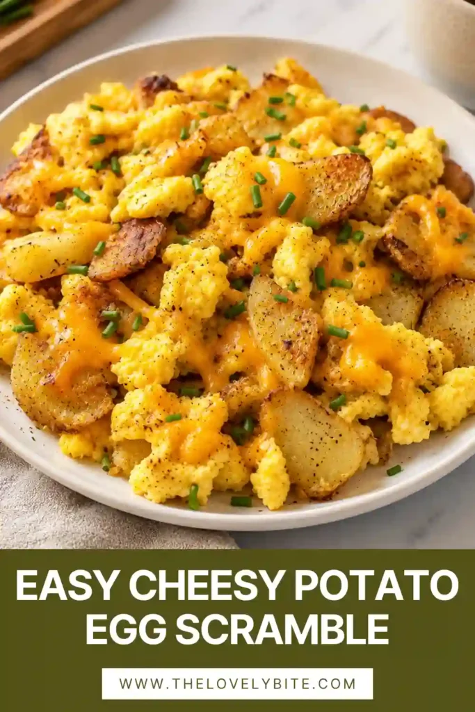 A skillet filled with Cheesy Potato Egg Scramble featuring crispy golden potatoes, fluffy eggs, melted cheddar and Gruyère cheese, diced turkey ham, and fresh chopped chives. This hearty potato egg breakfast is warm, comforting, and perfect for brunch.