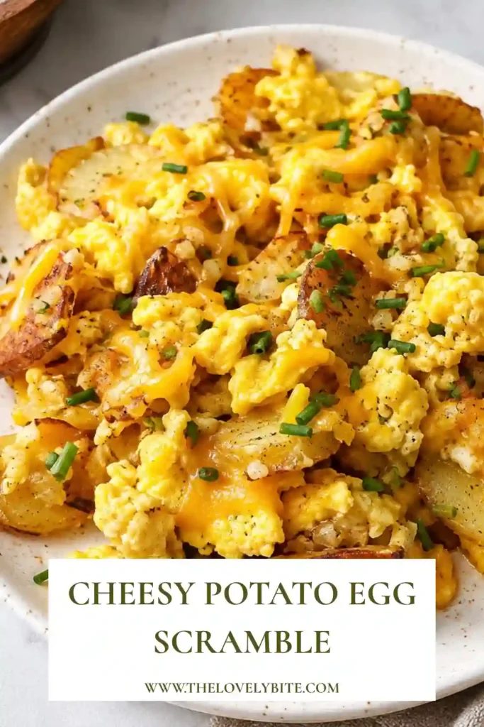 A close-up of Cheesy Potato Egg Scramble served with sour cream and fresh chives. Crispy potatoes, fluffy Old Bay eggs, and melted cheese create an irresistible breakfast.