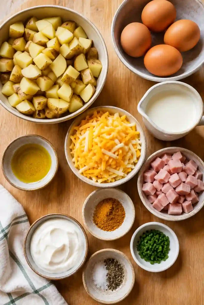 A homemade Cheesy Potato Egg Scramble featuring crispy potatoes, fluffy seasoned eggs, melted cheddar and Gruyère cheese, turkey ham, and fresh chives. A warm and hearty breakfast served straight from the pan.