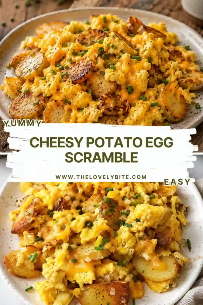 Freshly cooked Cheesy Potato Egg Scramble with crispy potatoes, turkey ham, melted cheese, and chopped herbs served in a cast-iron skillet. This easy egg and potato recipe is perfect for breakfast or brunch.