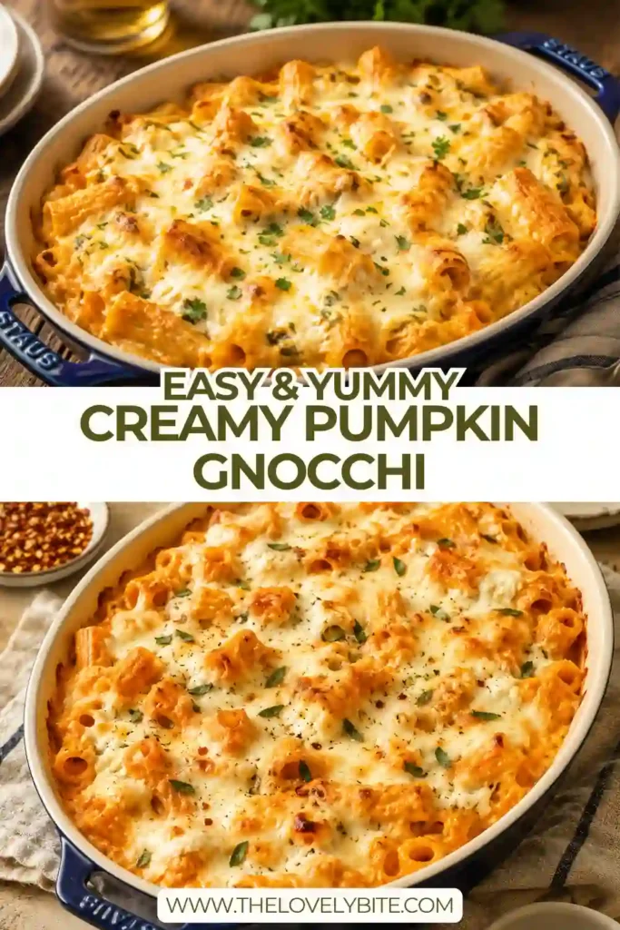 Creamy pumpkin pasta bake filled with rigatoni, ricotta cheese, baby spinach, Parmesan, and melted mozzarella. This savory vegetarian pasta bake is baked until bubbling and golden.