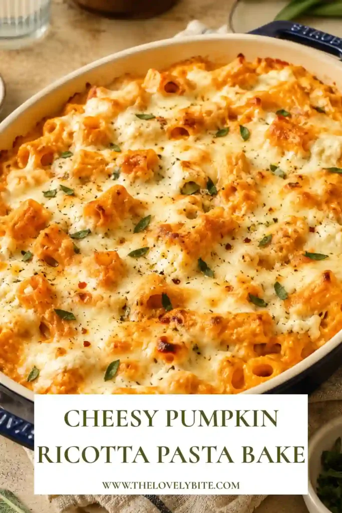 Cheesy Pumpkin Ricotta Pasta Bake with tender rigatoni, creamy pumpkin ricotta sauce, spinach, and melted mozzarella. The baked pasta has a golden cheesy topping and rich savory pumpkin sauce.