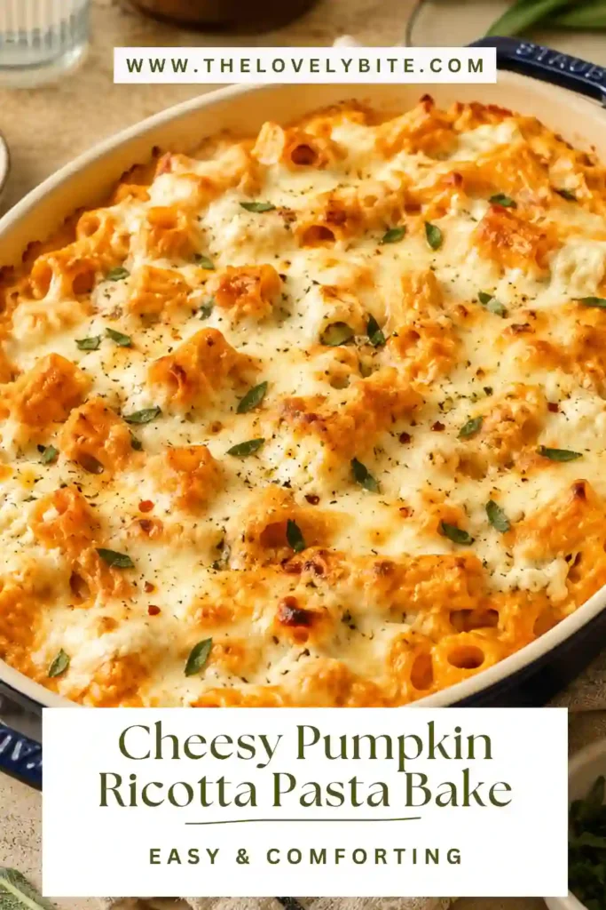 Pumpkin ricotta pasta with spinach and Italian herbs baked under a layer of melted mozzarella cheese. The creamy pumpkin pasta is served warm in a casserole dish.