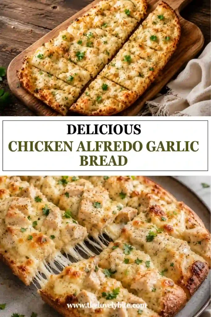 Chicken Alfredo Garlic Bread topped with tender chopped chicken, creamy Alfredo sauce, melted mozzarella, and Parmesan cheese. The French bread has crisp golden edges and a rich garlic butter topping.