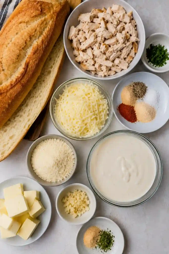Easy chicken appetizer featuring French bread topped with garlic butter, Alfredo sauce, tender chicken, mozzarella, and Parmesan. The cheesy topping is golden and bubbling after baking.
