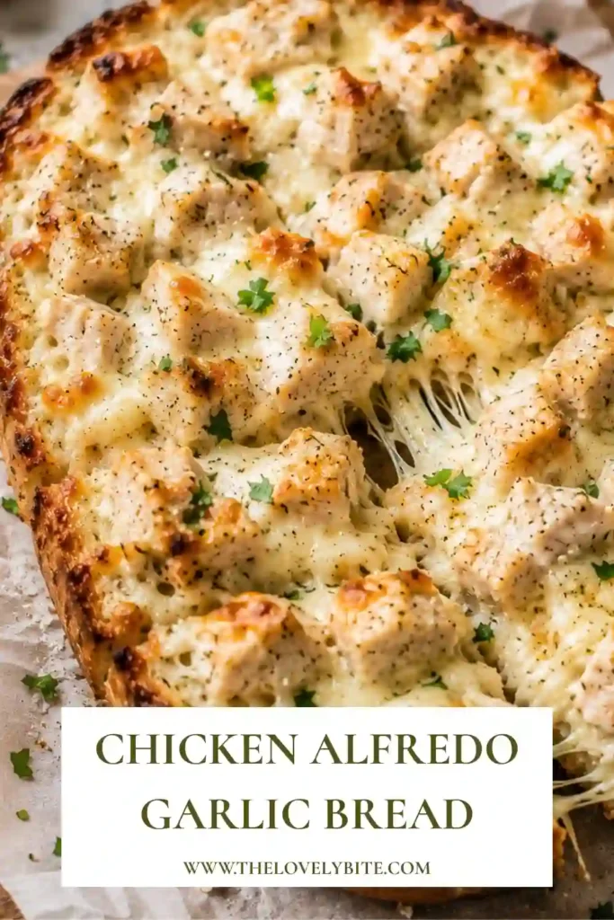 Alfredo garlic bread topped with chopped chicken and layers of melted mozzarella and Parmesan cheese. Fresh parsley adds a pop of color to the warm, golden bread.