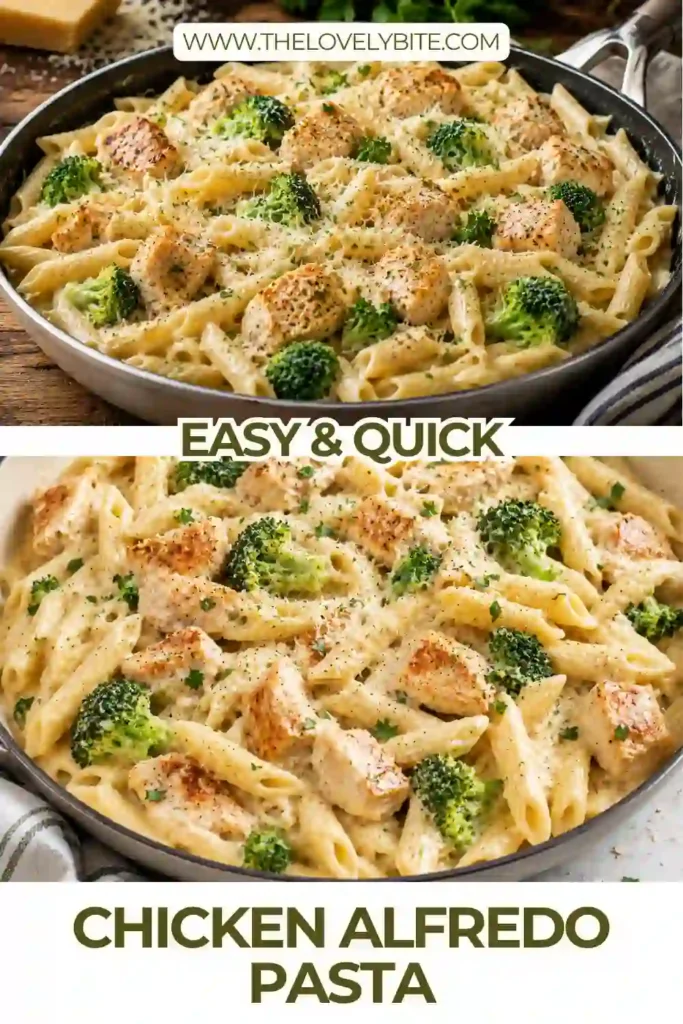 Creamy chicken alfredo pasta served with penne, tender chicken, garlic, and Parmesan sauce. The pasta has a glossy coating and is finished with fresh parsley and extra cheese.