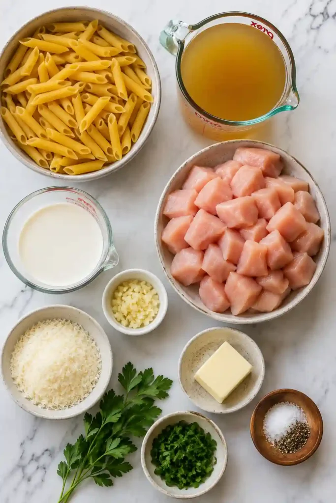 A skillet of chicken alfredo pasta with tender browned chicken pieces, penne pasta, and creamy Parmesan Alfredo sauce. Fresh parsley and grated Parmesan garnish the comforting pasta dish.