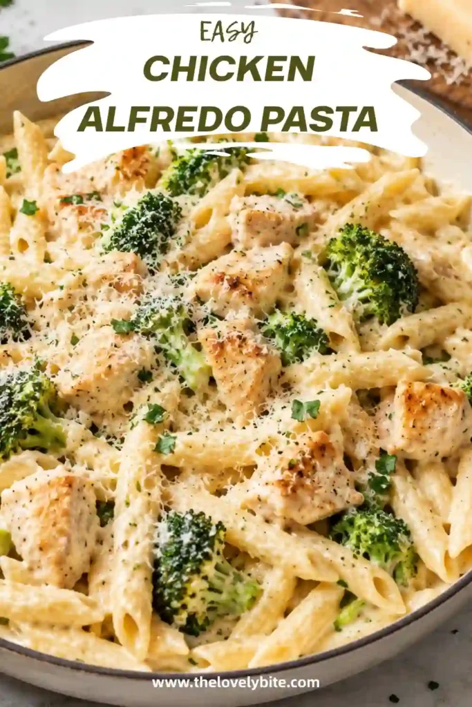 Homemade chicken alfredo pasta in a skillet with browned chicken breast, creamy sauce, and penne pasta. Fresh parsley and Parmesan cheese provide a simple finishing touch.