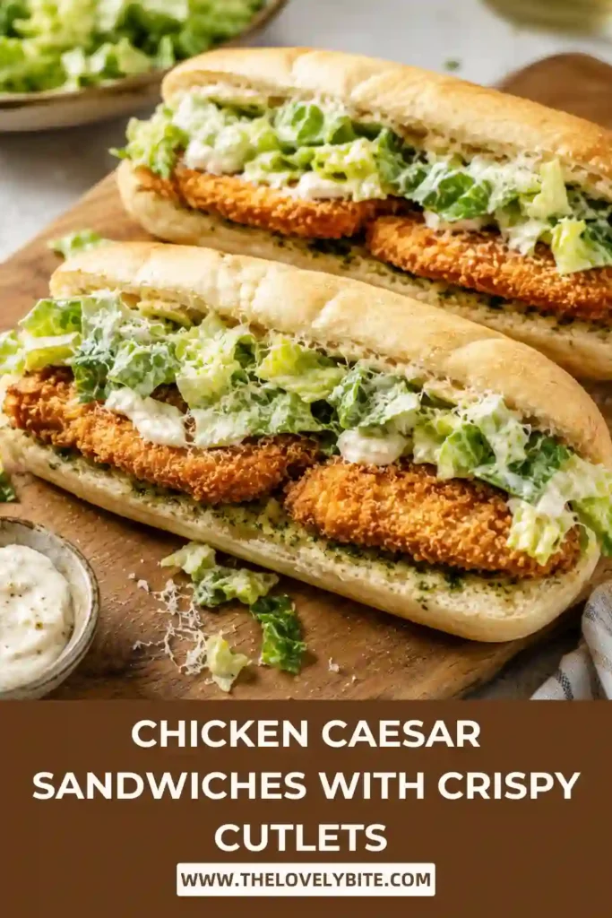 Chicken Caesar Sandwiches filled with crispy breaded chicken, romaine lettuce, creamy Caesar dressing and grated Parmesan. The sandwich is served on toasted garlic Parmesan bread.