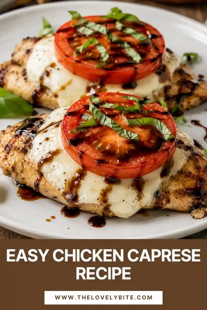 Grilled Chicken Caprese topped with creamy mozzarella, sliced tomato, fresh basil, and glossy balsamic glaze. The golden grilled chicken breast makes an easy Italian-inspired dinner.