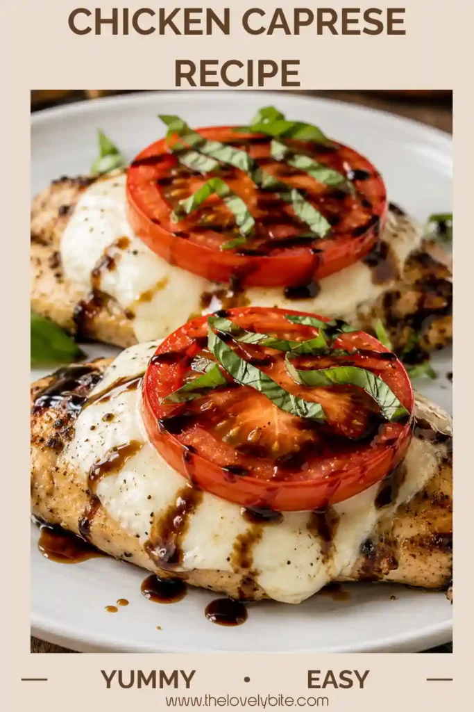 Mozzarella tomato chicken made with seasoned grilled chicken breasts and fresh Caprese toppings. Melted cheese, ripe tomatoes, basil, and balsamic reduction create a colorful finish.